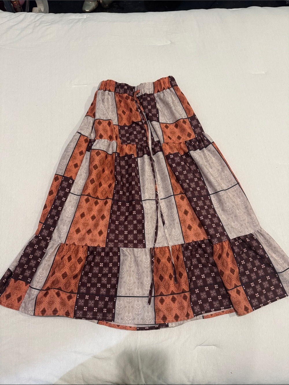 Bohemian Patchwork Tiered Midi Skirt - Rust, Brown, Cream